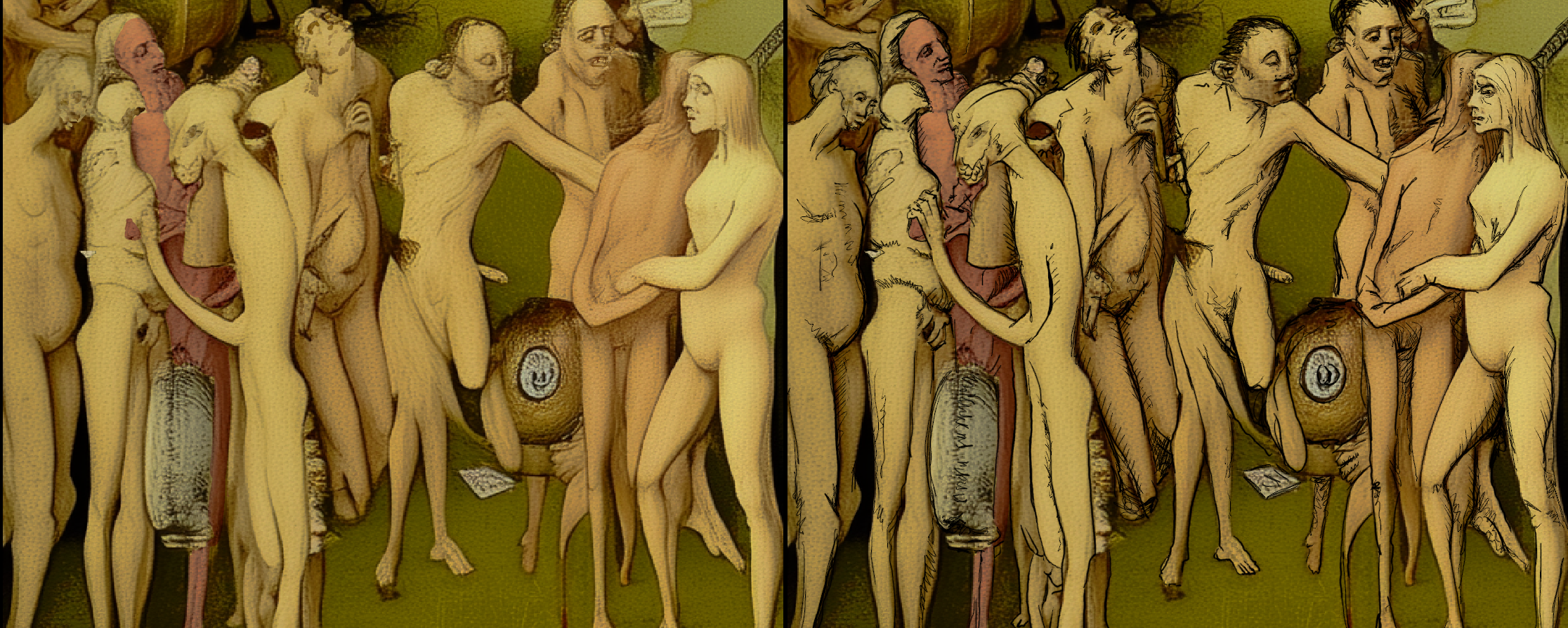 Detail from The Garden of Electoral Delights showing original renderings and added illos.